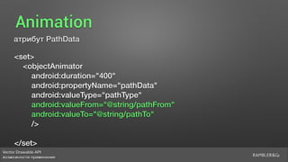 Vector Drawable API 
возможности применения
Animation
атрибут PathData
<set>
<objectAnimator
android:duration="400"
android:propertyName="pathData"
android:valueType="pathType"
android:valueFrom="@string/pathFrom"
android:valueTo="@string/pathTo"
/>
</set>
 