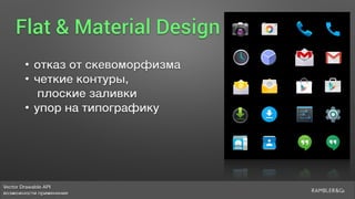 Vector Drawable API 
возможности применения
Flat & Material Design
• отказ от скевоморфизма
• четкие контуры, 
плоские заливки
• упор на типографику
 