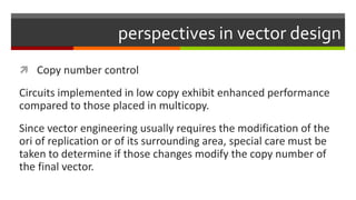 perspectives in vector design
 Copy number control
Circuits implemented in low copy exhibit enhanced performance
compared to those placed in multicopy.
Since vector engineering usually requires the modification of the
ori of replication or of its surrounding area, special care must be
taken to determine if those changes modify the copy number of
the final vector.
 