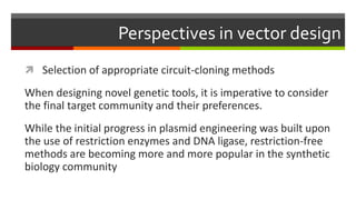 Perspectives in vector design
 Selection of appropriate circuit-cloning methods
When designing novel genetic tools, it is imperative to consider
the final target community and their preferences.
While the initial progress in plasmid engineering was built upon
the use of restriction enzymes and DNA ligase, restriction-free
methods are becoming more and more popular in the synthetic
biology community
 