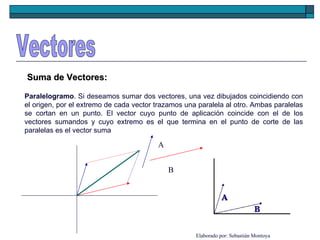 Vectores Suma de Vectores: Paralelogramo . Si deseamos sumar dos vectores, una vez dibujados coincidiendo con el origen, por el extremo de cada vector trazamos una paralela al otro. Ambas paralelas se cortan en un punto. El vector cuyo punto de aplicación coincide con el de los vectores sumandos y cuyo extremo es el que termina en el punto de corte de las paralelas es el vector suma  B A Elaborado por: Sebastián Montoya 