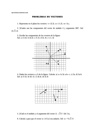 ejerciciosyexamenes.com

                          PROBLEMAS DE VECTORES


       1. Representa en el plano los vectores: v=(2,3), u=(-1,2), w=3451.

       2. )Cuales son las componentes del vector de módulo 4 y argumento 301?. Sol:
(2 3 ,2)

       3. Escribe las componentes de los vectores de la figura:
       Sol: a (-2,4); b (4,3); c (7,1); d (4,-4); e (-1,-4)




                                                                 b
                                              a
                                                                       c


                                                           d
                                              e




       4. Dados los vectores a y b de la figura. Calcula: a) a+b; b) a-b+c; c) 2a; d) 2a-b.
       Sol: a) (7,2); b) (0,-1); c) (6,4); d) (2,4)




                                                             b
                                          a

                                                          c




       5. )Cuál es el módulo y el argumento del vector (1,       3 )?. Sol: 2601

       6. Calcula x para que el vector u=(1/3,x) sea unitario. Sol: x="2 2 /3
 
