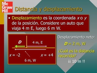 Distancia y desplazamiento
• Desplazamiento es la coordenada x o y
  de la posición. Considere un auto que
  viaja 4 m E, luego 6 m W.

                           Desplazamiento neto:
    D        4 m, E           D = 2 m, W
                           ¿Cuál es la distancia
x = -2            x = +4   recorrida?
         6 m, W                 ¡¡ 10 m !!
 