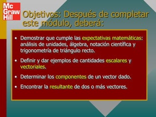 Objetivos: Después de completar
   este módulo, deberá:
• Demostrar que cumple las expectativas matemáticas:
  análisis de unidades, álgebra, notación científica y
  trigonometría de triángulo recto.
• Definir y dar ejemplos de cantidades escalares y
  vectoriales.
• Determinar los componentes de un vector dado.
• Encontrar la resultante de dos o más vectores.
 
