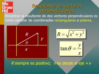 Resultante de vectores
                   perpendiculares
Encontrar la resultante de dos vectores perpendiculares es
como cambiar de coordenadas rectangulares a polares.


                                            2       2
            R                   R       x       y
                      y
                                                y
            x                     tan
                                                x
   R siempre es positivo;       es desde el eje +x
 