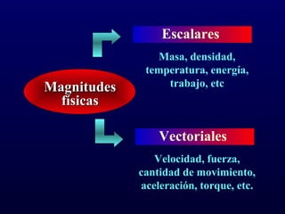 MagnitudesMagnitudes
físicasfísicas
Masa, densidad,
temperatura, energía,
trabajo, etc
Velocidad, fuerza,
cantidad de movimiento,
aceleración, torque, etc.
Escalares
Vectoriales
 