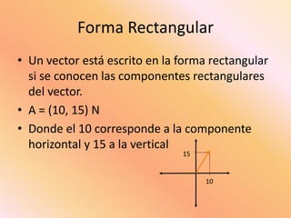 Forma Rectangular
• Un vector está escrito en la forma rectangular
si se conocen las componentes rectangulares
del vector.
• A = (10, 15) N
• Donde el 10 corresponde a la componente
horizontal y 15 a la vertical
10
15