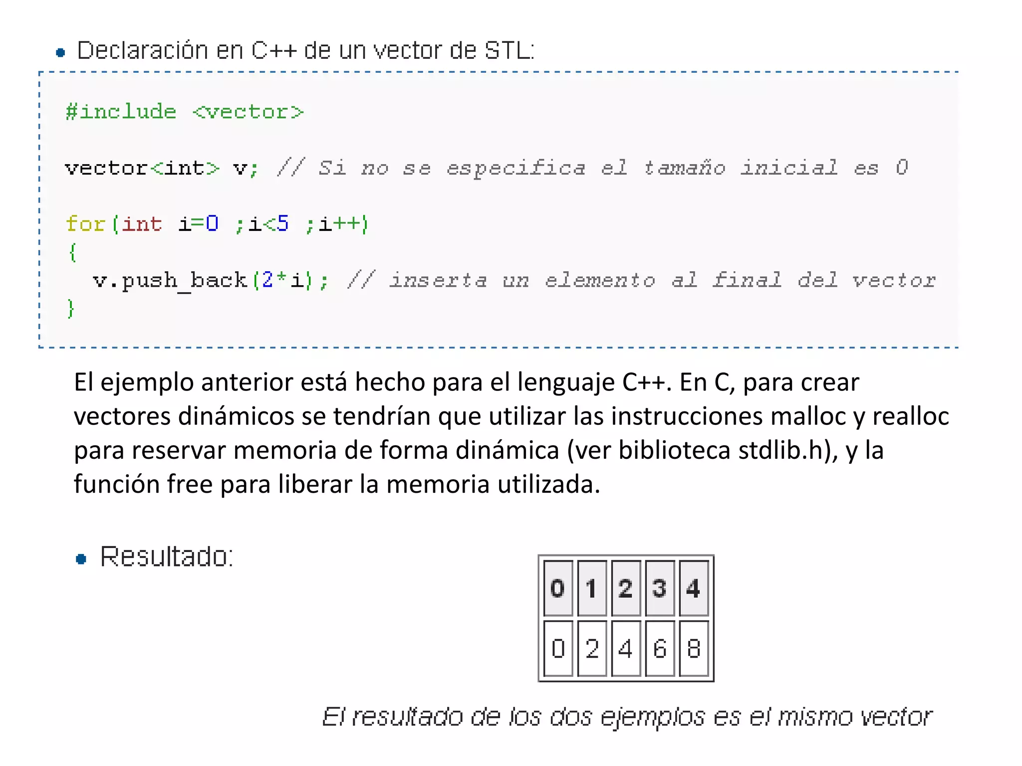 El ejemplo anterior está hecho para el lenguaje C++. En C, para crear
vectores dinámicos se tendrían que utilizar las instrucciones malloc y realloc
para reservar memoria de forma dinámica (ver biblioteca stdlib.h), y la
función free para liberar la memoria utilizada.
 