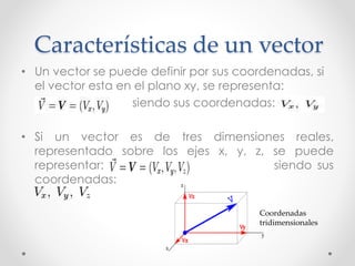 Características de un vector
• Un vector se puede definir por sus coordenadas, si
el vector esta en el plano xy, se representa:
siendo sus coordenadas:
• Si un vector es de tres dimensiones reales,
representado sobre los ejes x, y, z, se puede
representar: siendo sus
coordenadas:
Coordenadas
tridimensionales
 