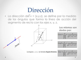 Dirección
• La dirección del v = (x,y,z), se define por la medida
de los ángulos que forma la línea de acción del
segmento de recta con los ejes x, y, z.
Los mismos son
dados por:
 