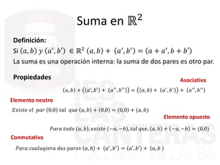 Suma en ℝ2
Definición:
Si 𝑎, 𝑏 𝑦 𝑎′, 𝑏′ ∈ ℝ2 𝑎, 𝑏 + 𝑎′, 𝑏′ = 𝑎 + 𝑎′, 𝑏 + 𝑏′
La suma es una operación interna: la suma de d...