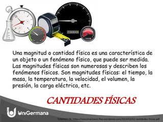CANTIDADES FÍSICAS
Una magnitud o cantidad física es una característica de
un objeto o un fenómeno físico, que puede ser medida.
Las magnitudes físicas son numerosas y describen los
fenómenos físicos. Son magnitudes físicas: el tiempo, la
masa, la temperatura, la velocidad, el volumen, la
presión, la carga eléctrica, etc.
TOMADO DE: https://coscomantauni.files.wordpress.com/2014/02/02-cantidades-fisicas.pdf
 