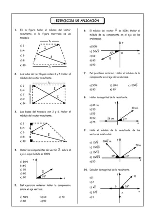 1. En la figura hallar el módulo del vector
resultante, si la figura mostrada es un
trapecio
a) 2
b) 4
c) 6
d) 8
e) 10
2. Los lados del rectángulo miden 3 y 7. Hallar el
módulo del vector resultante.
a) 2
b) 4
c) 7
d) 9
e) 14
3. Las bases del trapecio son 2 y 6. Hallar el
módulo del vector resultante.
a) 2
b) 4
c) 6
d) 8
e) 10
4. Hallar las componentes del vector A , sobre el
eje x, cuyo módulo es 100N.
a) 50N
b) 60
c) 70
d) 80
e) 90
5. Del ejercicio anterior hallar la componente
sobre el eje vertical.
a) 50N b) 60 c) 70
d) 80 e) 90
6. El módulo del vector V es 100N. Hallar el
módulo de su componente en el eje de las
ordenadas.
a) 50N
b) 350
c) 60
d) 80
e) 90
7. Del problema anterior. Hallar el módulo de la
componente en el eje de las abcisas.
a) 50N b) 60N c) 350
d) 80 e) 90
8. Hallar la magnitud de la resultante.
a) 40 cm
b) 50
c) 55
d) 60
e) 75
9. Halla el módulo de la resultante de los
vectores mostrados:
a) 610
b) 1910
c) 1310
d) 2910
e) 50
10. Calcular la magnitud de la resultante.
a) 1
b) 2
c) 2
d) 22
e) 3
EJERCICIOS DE APLICACIÓN
A
B
3
5
A
B
7
3
A
B
A
53º
x
y
V
30º O x
y
28 cm
80 cm
37º
x
y
37º
x
y
45º
50 m
m220
x
y
10
5
7
53º
 