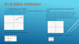 1.- Coordenadas de un vector
Las coordenadas de un vector vienen definidas por su
punto inicial y su punto final.
Las coordenadas del vector son:
2.- Vector de posición como combinación
lineal
Vamos a definir dos vectores libres unitarios
a y b con origen en el punto de corte de los
ejes de abscisas y ordenadas (0,0), con la
dirección de estos ejes respectivamente y con
sentido positivo.
Las coordenadas de estos vectores son:
 