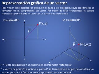 Representación gráfica de un vector
Todo vector tiene asociado un punto, en el plano o en el espacio, cuyas coordenadas se
convierten en las componentes del vector. Por medio de estas coordenadas es posible
representar gráficamente un vector en un sistema de coordenadas
En el plano (R2) y
x-x
-y
En el espacio (R3)
z
x
y
.P(x,y)
𝑃
.P(x,y,z)𝑃
𝑃 = vector de posición asociado al punto P. Se traza desde el origen de coordenadas
hasta el punto P. La flecha se coloca apuntando hacia el punto P
P = Punto cualquiera en un sistema de coordenadas rectangular
 
