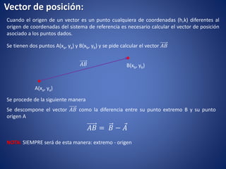 Vector de posición:
Cuando el origen de un vector es un punto cualquiera de coordenadas (h,k) diferentes al
origen de coordenadas del sistema de referencia es necesario calcular el vector de posición
asociado a los puntos dados.
Se tienen dos puntos A(xa, ya) y B(xb, yb) y se pide calcular el vector 𝐴𝐵
.
.
A(xa, ya)
B(xb, yb)𝐴𝐵
Se procede de la siguiente manera
Se descompone el vector 𝐴𝐵 como la diferencia entre su punto extremo B y su punto
origen A
𝐴𝐵 = 𝐵 − 𝐴
NOTA: SIEMPRE será de esta manera: extremo - origen
 
