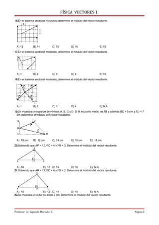 FÍSICA VECTORES 1
16.En el sistema vectorial mostrado, determine el módulo del vector resultante.
        1


                         1




 A) 13           B) 14               C) 15       D) 16                 E) 10
17.En el sistema vectorial mostrado, determine el módulo del vector resultante.

  1




 A) 1            B) 2                C) 3        D) 4                  E) 10
18.En el sistema vectorial mostrado, determine el módulo del vector resultante.

        b    a


  c          d

                  1
 A) 1            B) 2                C) 3        D) 4                  E) N.A.
19.Se muestra un trapecio de vértices A, B, C y D. Si M es punto medio de AB y además BC = 5 cm y AD = 7
 cm determine el módulo del vector resultante.

  B              C
             a
  M
                     b
  A                              D

 A) 10 cm        B) 12 cm            C) 14 cm    D) 16 cm      E) 18 cm
20.Sabiendo que AP = 12, PC = 4 y PB = 3. Determine el módulo del vector resultante.
                 B




  A              P           C


 A) 10                B) 12 C) 14            D) 16          E) N.A.
21.Sabiendo que AB = 12, BC = 4 y PB = 2. Determine el módulo del vector resultante.
                     D




  A                  B           C
 A) 10                B) 12 C) 14             D) 16          E) N.A.
22.Se muestra un cubo de arista 2 cm. Determine el módulo del vector resultante.




Profesor: Dr. Segundo Morocho C.                                                                Página 3
 