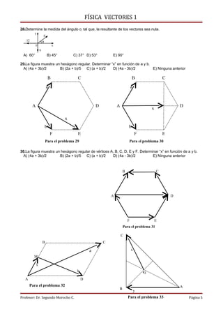 FÍSICA VECTORES 1
28.Determine la medida del ángulo o  tal que, la resultante de los vectores sea nula.
         y
                    F
   12               θ
          0                     x
                9
 A) 60°                  B) 45°         C) 37° D) 53°          E) 90°

29.La figura muestra un hexágono regular. Determinar “x” en función de a y b.
 A) (4a + 3b)/2        B) (2a + b)/5 C) (a + b)/2     D) (4a - 3b)/2          E) Ninguna anterior

                            B             C                                    B                   C
                        a                                                      a



        A                                              D           A                                       D
                                                                                           x

                                    x
                        b                                                  b
                            F             E                                        F               E
                        Para el problema 29                                Para el problema 30

30.La figura muestra un hexágono regular de vértices A, B, C, D, E y F. Determinar “x” en función de a y b.
  A) (4a + 3b)/2       B) (2a + b)/5 C) (a + b)/2     D) (4a - 3b)/2           E) Ninguna anterior



                                                                       B                       C




                                                               A                                       D




                                                                           F                   E
                                                                       Para el problema 31

                                                                       C
                    B                                      C

                                                   a                           x
         M

            x
                                          b                                            G
   A                                          D
       Para el problema 32                                                                                 A
                                                                   B
                                                                                   y
Profesor: Dr. Segundo Morocho C.                                           Para el problema 33                 Página 5
 