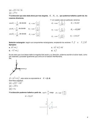 4
361625 a

77a
 u
Y la dirección que esta dada ahora por tres ángulos, 1 , 2 , 3 , que podemos hallarla a partir de, los
cosenos directores,
Y en nuestro caso en particular, tenemos
a
x
1cos , de donde








 
a
x

1
1 cos
a
y
2cos , de donde








 
a
y

1
2 cos
a
z
3cos , de donde








 
a
z

1
3 cos






 
77
5
cos 1
1 , º26,551 






 
77
4
cos 1
2 , º88,622 





 
 
77
6
cos 1
2 , º13,1333 
Notación rectangular: según sus componentes rectangulares, empleando los vectores ji

, o kji

,,
Ejemplos:
a. 3 i

+ 4 j

b. - 7 i

+ 4 j

c. -3 i

+2 j

-5 k

d. 2 j

Es de notar que si se desea hallar la magnitud del vector y su dirección, podemos escribir el vector dado, como
par ordenado y proceder igualmente que como en la notación Hamiltoniana.
Así,
a

= 3 i

+ 4 j

, este vector es equivalente al a

= (3, 4)
Que tiene magnitud,
22
)4()3( a

25a

u
5a

u
Y la dirección podemos hallarla a partir de,
3
4
tan  , luego 





 
3
4
tan 1

º13,53
 