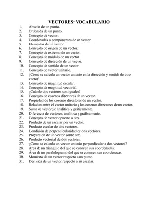 VECTORES: VOCABULARIO
1.    Abscisa de un punto.
2.    Ordenada de un punto.
3.    Concepto de vector.
4.    Coordenadas o componentes de un vector.
5.    Elementos de un vector.
6.    Concepto de origen de un vector.
7.    Concepto de extremo de un vector.
8.    Concepto de módulo de un vector.
9.    Concepto de dirección de un vector.
10.   Concepto de sentido de un vector.
11.   Concepto de vector unitario.
12.   ¿Cómo se calcula un vector unitario en la dirección y sentido de otro
      vector?
13.   Concepto de magnitud escalar.
14.   Concepto de magnitud vectorial.
15.   ¿Cuándo dos vectores son iguales?
16.   Concepto de cosenos directores de un vector.
17.   Propiedad de los cosenos directores de un vector.
18.   Relación entre el vector unitario y los cosenos directores de un vector.
19.   Suma de vectores: analítica y gráficamente.
20.   Diferencia de vectores: analítica y gráficamente.
21.   Concepto de vector opuesto a otro.
22.   Producto de un escalar por un vector.
23.   Producto escalar de dos vectores.
24.   Condición de perpendicularidad de dos vectores.
25.   Proyección de un vector sobre otro.
26.   Producto vectorial de dos vectores.
27.   ¿Cómo se calcula un vector unitario perpendicular a dos vectores?
28.   Área de un triángulo del que se conocen sus coordenadas.
29.   Área de un paralelogramo del que se conocen sus coordenadas.
30.   Momento de un vector respecto a un punto.
31.   Derivada de un vector respecto a un escalar.
 