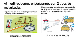 Al medir podemos encontrarnos con 2 tipos de
magnitudes...
Algunas que solo basta para comprenderlas un
número y unidad de medida.
Magnitudes en que necesitamos, además
de N° y unidad de medida, indicar sentido
y dirección (¿hacia dónde?, ¿en qué
sentido?
MAGNITUDES ESCALARES MAGNITUDES VECTORIALES
 