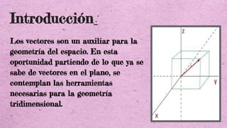 Introducción:
Los vectores son un auxiliar para la
geometría del espacio. En esta
oportunidad partiendo de lo que ya se
sabe de vectores en el plano, se
contemplan las herramientas
necesarias para la geometría
tridimensional.
 