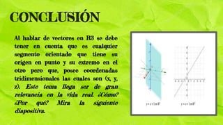 CONCLUSIÓN
Al hablar de vectores en R3 se debe
tener en cuenta que es cualquier
segmento orientado que tiene su
origen en punto y su extremo en el
otro pero que, posee coordenadas
tridimensionales las cuales son (x, y,
z). Este tema llega ser de gran
relevancia en la vida real. ¿Cómo?
¿Por qué? Mira la siguiente
diapositiva.
 