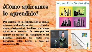 ¿Cómo aplicamos
lo aprendido?
Por ejemplo en la construcción o planos
de;casas(escaleras),proyectos grandes
magnitudes(puentes), también podríamos
aplicarlo al momento de conseguir un
empleo en diseños de videojuegos o en
películas animadas las cuales sus
personajes están hechos a base de
vectores en 3D.
 