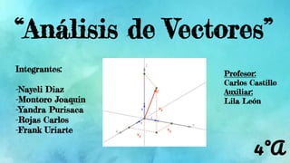 “Análisis de Vectores”
4°A
Integrantes:
-Nayeli Diaz
-Montoro Joaquin
-Yandra Purisaca
-Rojas Carlos
-Frank Uriarte
Profesor:
Carlos Castillo
Auxiliar:
Lila León
 