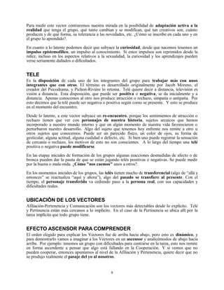 Para medir este vector centraremos nuestra mirada en la posibilidad de adaptación activa a la
realidad que tenga el grupo, qué tanto cambian y se modifican, qué tan creativos son, cuánto
producen y de qué forma, su tolerancia a las novedades, etc. ¿Cómo se inscribe en cada uno y en
el grupo lo aprendido?.

En cuanto a lo latente podemos decir que subyace la curiosidad, desde que nacemos tenemos un
impulso epistemofílico, un impulso al conocimiento. Si estos impulsos son reprimidos desde la
niñez, incluso en los aspectos relativos a la sexualidad, la curiosidad y los aprendizajes pueden
verse seriamente dañados o dificultados.


TELE
Es la disposición de cada uno de los integrantes del grupo para trabajar más con unos
integrantes que con otros. El término es desarrollado originalmente por Jacob Moreno, el
creador del Psicodrama, y Pichon-Rivière lo retoma. Telé quiere decir a distancia, televisión es
visión a distancia. Esta disposición, que puede ser positiva o negativa, se da inicialmente y a
distancia. Apenas conocemos al otro nos produce atracción o rechazo, simpatía o antipatía. Por
esto decimos que la telé puede ser negativa o positiva según como se presente. Y esto se produce
en el momento del encuentro.

Desde lo latente, a este vector subyace un re-encuentro, porque los sentimientos de atracción o
rechazo tienen que ver con personajes de nuestra historia, sujetos arcaicos que hemos
incorporado a nuestro mundo interno y que en algún momento de nuestra vida favorecieron o
perturbaron nuestro desarrollo. Algo del sujeto que tenemos hoy enfrente nos remite a otro u
otros sujetos que conocemos. Puede ser un parecido físico, un color de ojos, su forma de
gesticular, alguna actitud, alguna cualidad o defecto, etc. Si bien uno puede registrar la sensación
de cercanía o rechazo, los motivos de esto no son conscientes. A lo largo del tiempo una telé
positiva o negativa puede modificarse.

En las etapas iniciales de formación de los grupos algunas reacciones desmedidas de afecto o de
bronca pueden dar la pauta de que se están jugando telés positivas o negativas. Se puede medir
por la buena o mala onda. ¿Cómo "nos caemos" unos a otros?.

En los momentos iniciales de los grupos, las telés tienen mucho de transferencial (algo de “allá y
entonces” se reactualiza “aquí y ahora”), algo del pasado se transfiere al presente. Con el
tiempo, el personaje transferido va cediendo paso a la persona real, con sus capacidades y
dificultades reales.


UBICACIÓN DE LOS VECTORES
Afiliación-Pertenencia y Comunicación son los vectores más detectables desde lo explícito. Telé
y Pertinencia están más cercanos a lo implícito. En el caso de la Pertinencia se ubica allí por la
tarea implícita que todo grupo tiene.


EFECTO ASCENSOR PARA COMPRENDER
El orden elegido para explicar los Vectores fue de arriba hacia abajo, pero esto es dinámico, y
para demostrarlo vamos a imaginar a los Vectores en un ascensor y analicémoslos de abajo hacia
arriba. Por ejemplo: tenemos un grupo con dificultades para centrarse en la tarea, esto nos remite
en forma ascendente a pensar que algo está fallando en la Cooperación. Y si vemos que no
pueden cooperar, entonces apuntamos al nivel de la Afiliación y Pertenencia, quiere decir que no
se produjo realmente el pasaje del yo al nosotros.


                                                 8
 