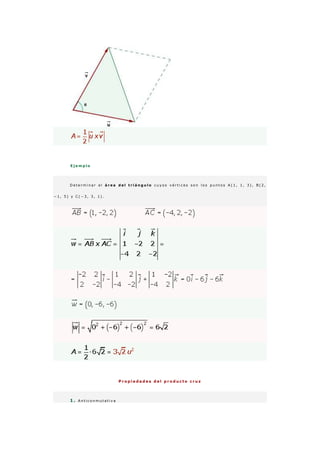 E j e m p l o
D e t e r m i n a r e l á r e a d e l t r i á n g u l o c u y o s v é r t i c e s s o n l o s p u n t o s A ( 1 , 1 , 3 ) , B ( 2 ,
− 1 , 5 ) y C ( − 3 , 3 , 1 ) .
P r o p i e d a d e s d e l p r o d u c t o c r u z
1 . A n t i c o n m u t a t i v a
 