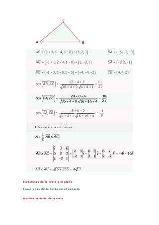 2 C a l c u l a r e l á r e a d e l t r i á n g u l o .
E cu a cion es d e la recta y el p la n o
Ecuaciones de la recta en el espacio
E c u a c i ó n v e c t o r i a l d e l a r e c t a
 