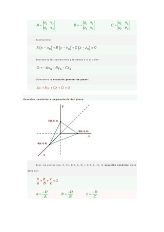 S u s t i t u i m o s :
R e a l i z a m o s l a s o p e r a c i o n e s y l e d a m o s a D e l v a l o r :
O b t e n e m o s l a e c u a c i ó n g e n e r a l d e p l a n o :
E c u a c i ó n c a n ó n i c a o s e g m e n t a r i a d e l p l a n o
S e a n l o s p u n t o s A ( a , 0 , 0 ) , B ( 0 , b , 0 ) y C ( 0 , 0 , c ) , l a e c u a c i ó n c a n ó n i c a v i e n e
d a d a p o r :
 