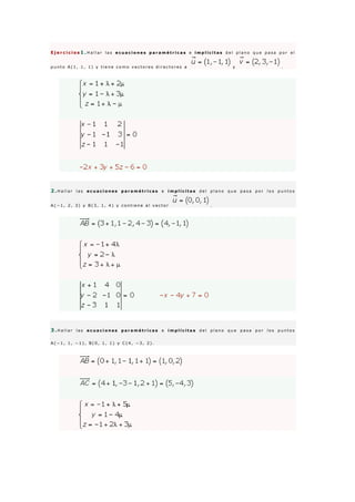 E j e r c i c i o s 1 .H a l l a r l a s e c u a c i o n e s p a r a m é t r i c a s e i m p l í c i t a s d e l p l a n o q u e p a s a p o r e l
p u n t o A ( 1 , 1 , 1 ) y t i e n e c o m o v e c t o r e s d i r e c t o r e s a y .
2 .H a l l a r l a s e c u a c i o n e s p a r a m é t r i c a s e i m p l í c i t a s d e l p l a n o q u e p a s a p o r l o s p u n t o s
A ( − 1 , 2 , 3 ) y B ( 3 , 1 , 4 ) y c o n t i e n e a l v e c t o r .
3 .H a l l a r l a s e c u a c i o n e s p a r a m é t r i c a s e i m p l í c i t a s d e l p l a n o q u e p a s a p o r l o s p u n t o s
A ( − 1 , 1 , − 1 ) , B ( 0 , 1 , 1 ) y C ( 4 , − 3 , 2 ) .
 