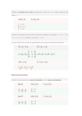 3 .H a l l a r l a e c u a c i ó n d e l a r e c t a q u e p a s a p o r e l p u n t o ( 8 , 2 , 3 ) y l l e v a l a d i r e c c i ó n d e l
v e c t o r j .
4 .H a l l a r u n a e c u a c i ó n c o n t i n u a d e l a r e c t a q u e e s p a r a l e l a a l o s p l a n o s : x − 3 y + z = 0 y
2 x − y + 3 z − 5 = 0 , y p a s a p o r e l p u n t o ( 2 , − 1 , 5 ) .
E l v e c t o r d i r e c t o r d e l a r e c t a e s p e r p e n d i c u l a r a l o s v e c t o r e s n o r m a l e s d e c a d a p l a n o .
Ejercicios del plano
1 .H a l l a r l a s e c u a c i o n e s d e l o s e j e s c o o r d e n a d o s y d e l o s p l a n o s c o o r d e n a d o s .
 