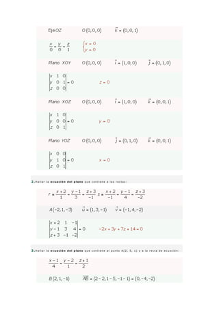 2 .H a l l a r l a e c u a c i ó n d e l p l a n o q u e c o n t i e n e a l a s r e c t a s :
3 .H a l l a r l a e c u a c i ó n d e l p l a n o q u e c o n t i e n e a l p u n t o A ( 2 , 5 , 1 ) y a l a r e c t a d e e c u a c i ó n :
 