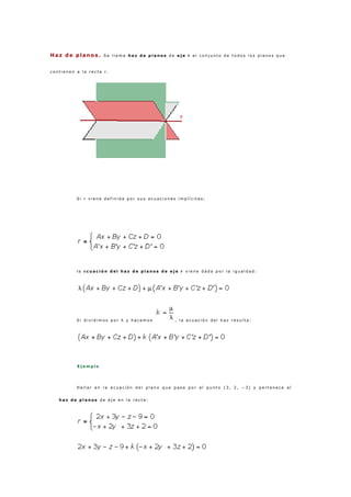 Haz de planos . S e l l a m a h a z d e p l a n o s d e e j e r a l c o n j u n t o d e t o d o s l o s p l a n o s q u e
c o n t i e n e n a l a r e c t a r .
S i r v i e n e d e f i n i d a p o r s u s e c u a c i o n e s i m p l í c i t a s :
l a e c u a c i ó n d e l h a z d e p l a n o s d e e j e r v i e n e d a d a p o r l a i g u a l d a d :
S i d i v i d i m o s p o r λ y h a c e m o s , l a e c u a c i ó n d e l h a z r e s u l t a :
E j e m p l o
H a l l a r e n l a e c u a c i ó n d e l p l a n o q u e p a s a p o r e l p u n t o ( 3 , 2 , − 3 ) y p e r t e n e c e a l
h a z d e p l a n o s d e e j e e n l a r e c t a :
 