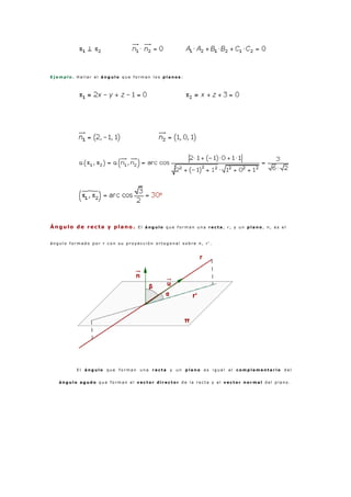 E j e m p l o . H a l l a r e l á n g u l o q u e f o r m a n l o s p l a n o s :
Ángulo de recta y plano . E l á n g u l o q u e f o r m a n u n a r e c t a , r , y u n p l a n o , π , e s e l
á n g u l o f o r m a d o p o r r c o n s u p r o y e c c i ó n o r t o g o n a l s o b r e π , r ' .
E l á n g u l o q u e f o r m a n u n a r e c t a y u n p l a n o e s i g u a l a l c o m p l e m e n t a r i o d e l
á n g u l o a g u d o q u e f o r m a n e l v e c t o r d i r e c t o r d e l a r e c t a y e l v e c t o r n o r m a l d e l p l a n o .
 