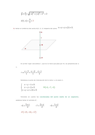 5 . H a l l a r e l s i m é t r i c o d e l p u n t o A ( 3 , 2 , 1 ) r e s p e c t o d e l p l a n o .
E n p r i m e r l u g a r c a l c u l a m o s r , q u e e s l a r e c t a q u e p a s a p o r A y e s p e r p e n d i c u l a r a
π .
H a l l a m o s e l p u n t o d e i n t e r s e c c i ó n d e l a r e c t a r y e l p l a n o π .
T e n i e n d o e n c u e n t a l a s c o o r d e n a d a s d e l p u n t o m e d i o d e u n s e g m e n t o ,
p o d e m o s h a l l a r e l e x t r e m o A ' .
 