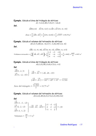 Geometría
Ejemplo. Calcula el área del triángulo de vértices:
( ) ( ) ( )4,0,1;5,7,1;1,2,5 −− CBA
Sol.
( ) ( ) ( )32,2,233,2,44,5,6 −−⇒−
→→→→
ACxABACAB
( ) 2
73,191557
2
1
32,2,23
2
1
2
1
uACxABÁrea ≈=−==
→→
Ejemplo. Calcula el volumen del tetraedro de vértices:
( ) ( ) ( ) ( )6,4,11;4,1,7;1,0,1;7,5,3 −−− DCBA
Sol.
( ) ( ) ( )13,1,8,3,6,4,8,5,2 −−−−−−−
→→→
ADACAB
3
107
6
642
642
6
1
1318
364
852
6
1
,,
6
1
uADACABtetraedroVolúmen ==−=
−−
−−
−−−
=





=
→→→
Ejemplo. Calcula el área del triángulo de vértices:
( ) ( ) ( )11,1,5;8,5,2;5,3,1 −CBA
Sol
Ejemplo. Calcula el volumen del tetraedro de vértices:
( ) ( ) ( ) ( )6,5,1;2,3,4;2,0,1;4,1,2 DCBA
Sol
Cesáreo Rodríguez - 37
-
 