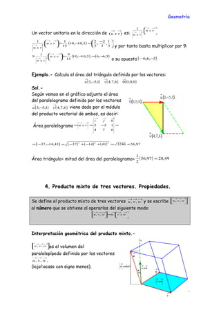 Geometría
Un vector unitario en la dirección de )(
→→
vxu es:





 →→
→→
vxu
vxu
1
( ) 




 −
=−=




 →→
→→
3
1
,
3
2
,
3
2
5,10,10
15
11
vxu
vxu y por tanto basta multiplicar por 9:
( ) ( )3,6,65,10,10
15
91
9 −=−=




 →→
→→
vxu
vxu o su opuesto ( )3,6,6 −−
Ejemplo.- Calcula el área del triángulo definido por los vectores:
( ) ( ) ( )0,0,006,7,41,5,3
→→→
− vu
Sol.-
Según vemos en el gráfico adjunto el área
del paralelogramo definido por los vectores
( ) ( )6,7,41,5,3
→→
− vu viene dado por el módulo
del producto vectorial de ambos, es decir:
Área paralelogramo =−==
→→→
→→
674
153
kji
vxu
( ) ( ) ( ) ( ) 97,56324641143741,14,37
222
≈=+−+−=−−=
Área triángulo= mitad del área del paralelogramo= ( ) 49,2897,56
2
1
=
4. Producto mixto de tres vectores. Propiedades.
Se define el producto mixto de tres vectores
→→→
wvu ,, y se escribe 


 →→→
wvu ,,
al número que se obtiene al operarlos del siguiente modo:






=


 →→→→→→
wxvuwvu .,,
Interpretación geométrica del producto mixto.-



 →→→
wvu ,, es el volumen del
paralelepípedo definido por los vectores
→→→
wvu ,, .
(¡ojo!:acaso con signo menos).
Cesáreo Rodríguez - 9 -
 