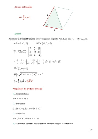 15
Área de un triángulo
Ejemplo
Determinar el área del triángulo cuyos vértices son los puntos A(1, 1, 3), B(2, −1, 5) y C(−3, 3, 1).
Propiedades del producto vectorial
1. Anticonmutativa
𝑢𝑢�⃗ 𝑥𝑥 𝑣𝑣���⃗ = − 𝑣𝑣⃗ 𝑥𝑥 𝑢𝑢���⃗
2. Homogénea
λ (𝑢𝑢�⃗ 𝑥𝑥 𝑣𝑣���⃗) = (λ𝑢𝑢�⃗ ) x 𝑣𝑣���⃗= 𝑢𝑢�⃗ x (λ 𝑣𝑣���⃗)
3. Distributiva
𝑢𝑢�⃗ 𝑥𝑥 (𝑣𝑣⃗ + 𝑤𝑤����⃗) = 𝑢𝑢�⃗ 𝑥𝑥 𝑣𝑣���⃗ + 𝑢𝑢�⃗ 𝑥𝑥 𝑤𝑤����⃗
4. El producto vectorial de dos vectores paralelos en igual al vector nulo.
 