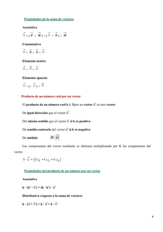 4
Asociativa
Propiedades de la suma de vectores
+ ( + ) = ( + ) +
Conmutativa
+ = +
Elemento neutro
+ =
Elemento opuesto
+ (− ) =
Producto de un número real por un vector
El producto de un número real k ∈ ℝpor un vector 𝑢𝑢���⃗ es otro vector:
De igual dirección que el vector 𝑢𝑢���⃗.
Del mismo sentido que el vector 𝑢𝑢���⃗ si k es positivo.
De sentido contrario del vector 𝑢𝑢���⃗ si k es negativo.
De módulo
Las componentes del vector resultante se obtienen multiplicando por K las componentes del
vector.
Asociativa
Propiedades del producto de un número por un vector
k · (k' · 𝑢𝑢���⃗) = (k · k') · 𝑢𝑢���⃗
Distributiva respecto a la suma de vectores
k · (𝑢𝑢���⃗+ 𝑣𝑣���⃗) = k · 𝑢𝑢���⃗+ k · 𝑣𝑣���⃗
 