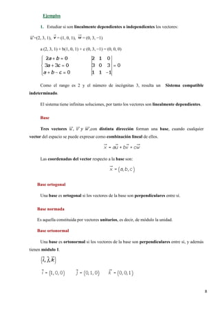 8
1. Estudiar si son linealmente dependientes o independientes los vectores:
Ejemplos
𝑢𝑢���⃗=(2, 3, 1), = (1, 0, 1), = (0, 3, −1)
a (2, 3, 1) + b(1, 0, 1) + c (0, 3, −1) = (0, 0, 0)
Como el rango es 2 y el número de incógnitas 3, resulta un Sistema compatible
indeterminado.
El sistema tiene infinitas soluciones, por tanto los vectores son linealmente dependientes.
Base
Tres vectores 𝑢𝑢���⃗, 𝑣𝑣���⃗ 𝑦𝑦 𝑤𝑤����⃗,con distinta dirección forman una base, cuando cualquier
vector del espacio se puede expresar como combinación lineal de ellos.
Las coordenadas del vector respecto a la base son:
Base ortogonal
Una base es ortogonal si los vectores de la base son perpendiculares entre sí.
Base normada
Es aquella constituida por vectores unitarios, es decir, de módulo la unidad.
Base ortonormal
Una base es ortonormal si los vectores de la base son perpendiculares entre sí, y además
tienen módulo 1.
 