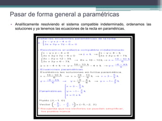 Pasar de forma general a paramétricas
• Analíticamente resolviendo el sistema compatible indeterminado, ordenamos las
soluciones y ya tenemos las ecuaciones de la recta en paramétricas.
 