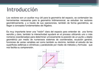 Introducción
Los vectores son un auxiliar muy útil para la geometría del espacio, se contemplan las
herramientas necesarias para la geometría tridimensional, se estudian los vectores
geométricamente, y a través de sus operaciones, también de forma geométrica, se
llegan a conceptos fundamentales del Álgebra.
Es muy importante tener una "visión" clara del espacio para entender de una forma
sencilla y clara, también la interactividad ayudará en el proceso utilizando uno o más
números (coordenadas) para determinar unívocamente la posición de un punto u objeto
geométrico por medio de numerosos sistemas de coordenadas, ecuación general,
funciones de varias variables así como también su dominio, también el estudio de las
superficies esféricas e cilíndricas y paraboloide por medio de métodos y formulas que
nos facilita su comprensión.
 
