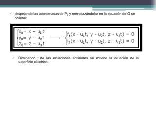 • despejando las coordenadas de P0 y reemplazándolas en la ecuación de G se
obtiene:
• Eliminando t de las ecuaciones anteriores se obtiene la ecuación de la
superficie cilíndrica.
 