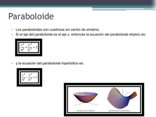 Paraboloide
• Los paraboloides son cuádricas sin centro de simetría.
• Si el eje del paraboloide es el eje z, entonces la ecuación del paraboloide elíptico es:
• y la ecuación del paraboloide hiperbólico es:
 
