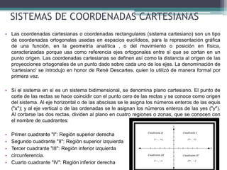 SISTEMAS DE COORDENADAS CARTESIANAS
• Las coordenadas cartesianas o coordenadas rectangulares (sistema cartesiano) son un tipo
de coordenadas ortogonales usadas en espacios euclídeos, para la representación gráfica
de una función, en la geometría analítica , o del movimiento o posición en física,
caracterizadas porque usa como referencia ejes ortogonales entre sí que se cortan en un
punto origen. Las coordenadas cartesianas se definen así como la distancia al origen de las
proyecciones ortogonales de un punto dado sobre cada uno de los ejes. La denominación de
'cartesiano' se introdujo en honor de René Descartes, quien lo utilizó de manera formal por
primera vez.
• Si el sistema en sí es un sistema bidimensional, se denomina plano cartesiano. El punto de
corte de las rectas se hace coincidir con el punto cero de las rectas y se conoce como origen
del sistema. Al eje horizontal o de las abscisas se le asigna los números enteros de las equis
("x"); y al eje vertical o de las ordenadas se le asignan los números enteros de las yes ("y").
Al cortarse las dos rectas, dividen al plano en cuatro regiones o zonas, que se conocen con
el nombre de cuadrantes:
• Primer cuadrante "I": Región superior derecha
• Segundo cuadrante "II": Región superior izquierda
• Tercer cuadrante "III": Región inferior izquierda
• circunferencia.
• Cuarto cuadrante "IV": Región inferior derecha
 