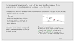 Aplicar ecuaciones vectoriales paramétricas para la determinación de las
características cinemáticas de una partícula en movimiento.
◦ Para determinar la ecuación vectorial de una recta es necesario que conozcamos un punto de la recta y un vector en
posición o dos puntos en la recta.
◦ Ejemplo
Hallar a la ecuación a partir de un punto y
un vector de posición, si tuviésemos dos
puntos A, B entonces el vector AB es un
vector de posición
19/10/2020
La ecuación de una recta es una expresión
analítica que permite identificar todos los
puntos de la recta.
Dados un punto de la recta y un vector
de dirección tendrá como vector de posición
OX. Claro que OX=OP+PX, como el vector
PX, por lo tanto OX=OP+Љi esta expresión
se conoce como ecuación vectorial de la recta
 
